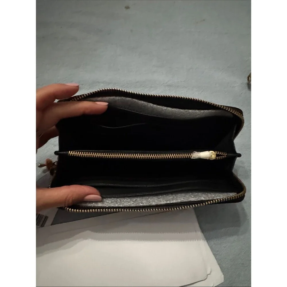 Coach Black Slim Accordion Patent Zip Wallet with Gold Brass Charms